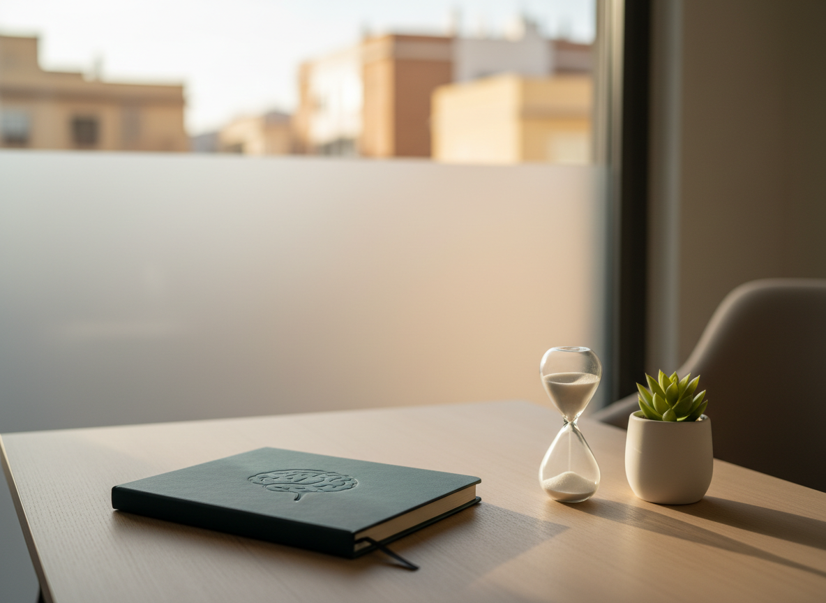 A neat wooden therapist’s desk in a quiet consulting room, holding a closed dark teal notebook with a subtle embossed brain icon, a sand hourglass, and a small plant in a matte white pot. Behind them, a large frosted window suggests an urban Spanish town without showing people or buildings in detail. Soft morning daylight enters from the side, creating gentle highlights on the notebook’s textured cover and mild shadows on the pale beige surface. Photographic realism at eye level, with a shallow depth of field that blurs the calm, uncluttered background. The mood is professional, warm, and reassuring, ideal to represent psychological support for anxiety in a clean, modern aesthetic.